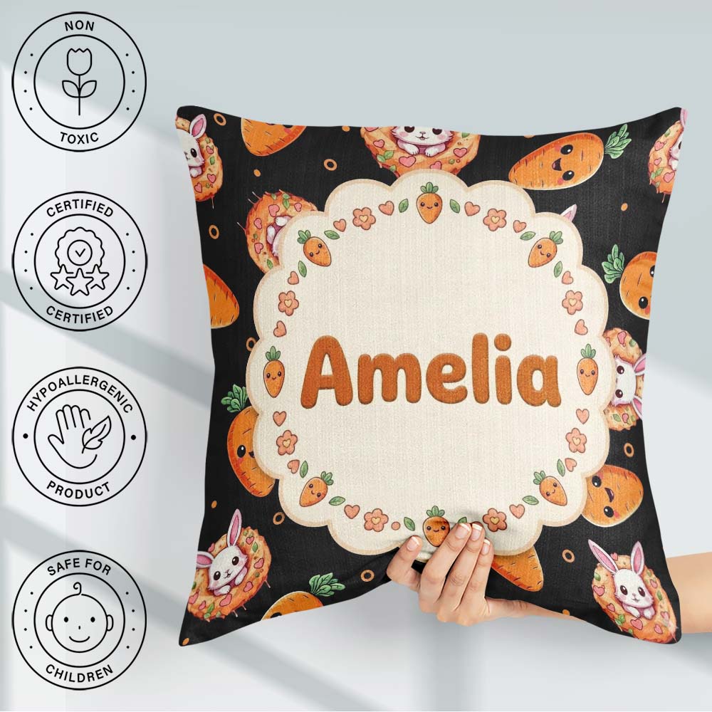 Custom Name Carrot Bunny Donut Dessert Black Background Seamless Square Filled Cushion Throw Pillow Sofa Bed Home Decor Zip Washable UK Made
