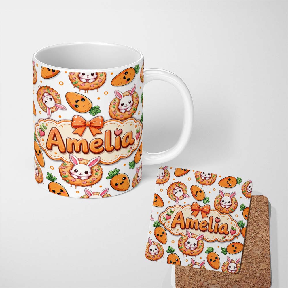 Personalized Custom Name Cute Bunny Donut Carrot Kawaii Easter Dessert Grey Background 11oz Ceramic Coffee Tea Mug White Large Handle