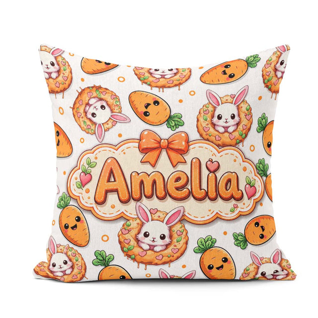 Custom Name Cute Bunny Donut Carrot Kawaii Easter Dessert Grey Square Filled Cushion Throw Pillow Sofa Bed Home Decor Zip Washable UK Made