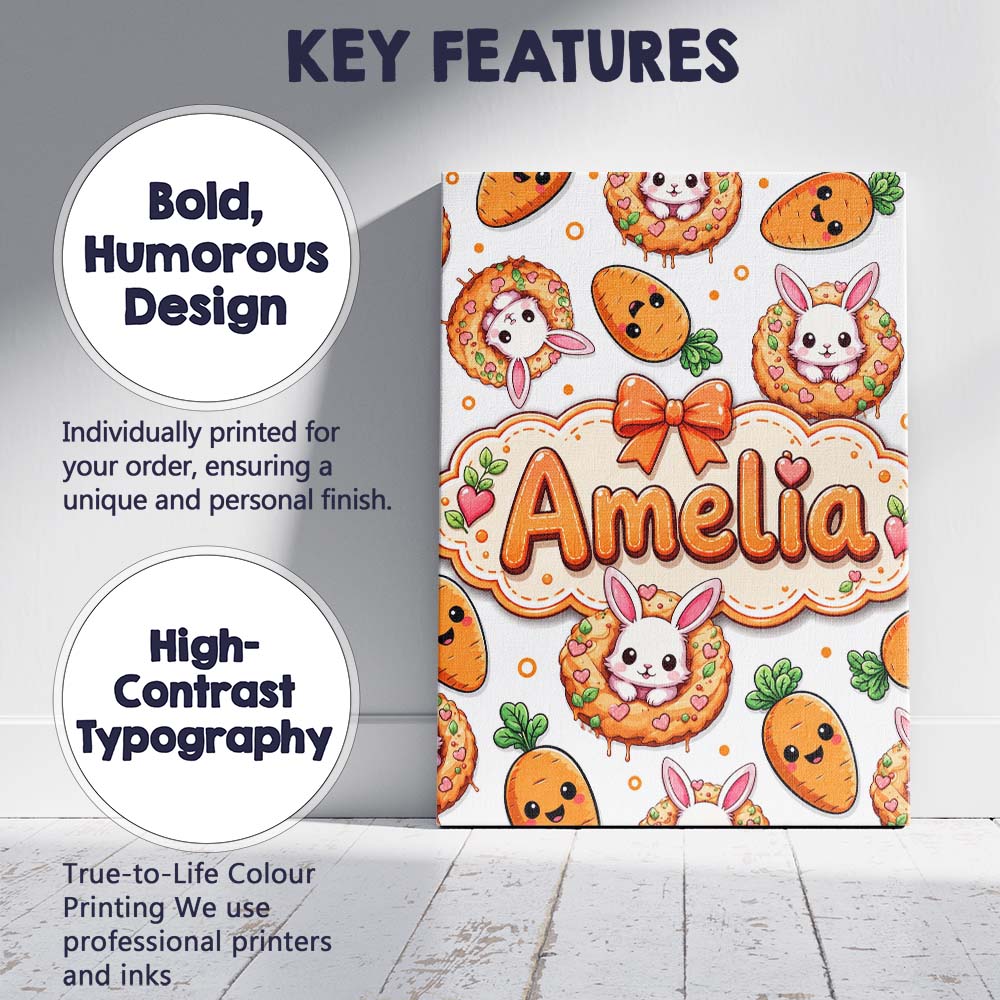 Personalised Name Cute Bunny Donut Carrot Custom  Unique Gift Idea Elegant Feature Canvas Wall Art Print Decor Picture Ready to Hang
