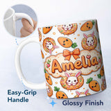 Personalized Custom Name Cute Bunny Donut Carrot Kawaii Easter Dessert Grey Background 11oz Ceramic Coffee Tea Mug White Large Handle