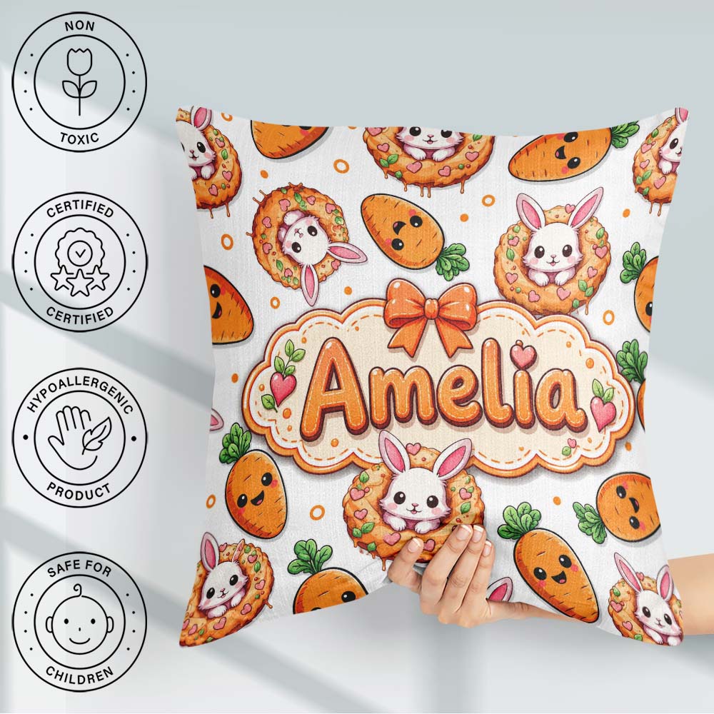 Custom Name Cute Bunny Donut Carrot Kawaii Easter Dessert Grey Square Filled Cushion Throw Pillow Sofa Bed Home Decor Zip Washable UK Made