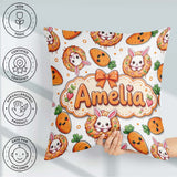 Custom Name Cute Bunny Donut Carrot Kawaii Easter Dessert Grey Square Filled Cushion Throw Pillow Sofa Bed Home Decor Zip Washable UK Made