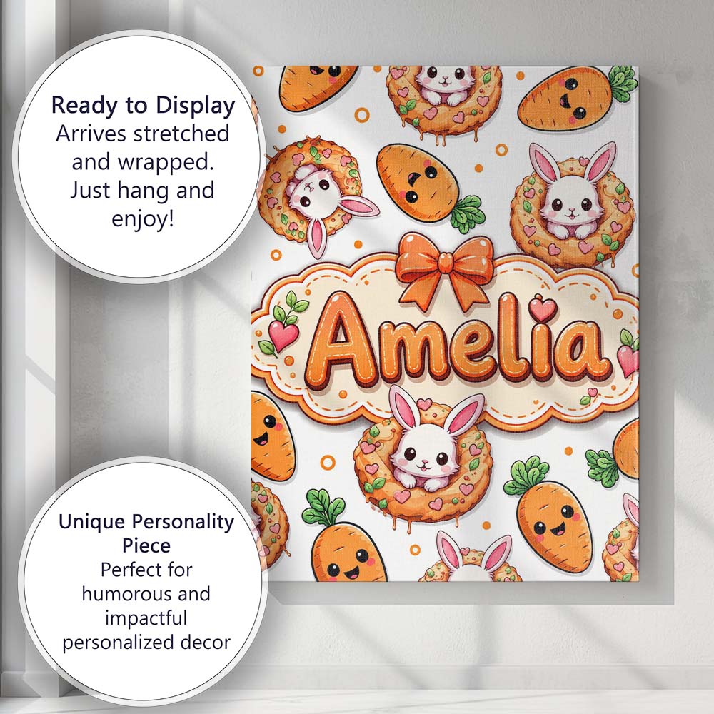 Personalised Name Cute Bunny Donut Carrot Custom  Unique Gift Idea Elegant Feature Canvas Wall Art Print Decor Picture Ready to Hang