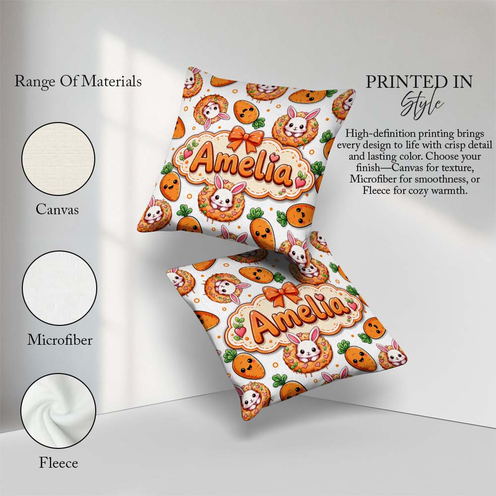Custom Name Cute Bunny Donut Carrot Kawaii Easter Dessert Grey Square Filled Cushion Throw Pillow Sofa Bed Home Decor Zip Washable UK Made