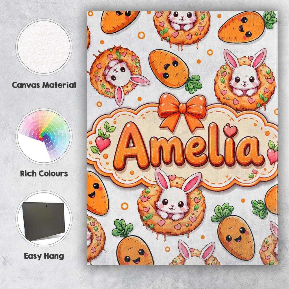 Personalised Name Cute Bunny Donut Carrot Custom  Unique Gift Idea Elegant Feature Canvas Wall Art Print Decor Picture Ready to Hang