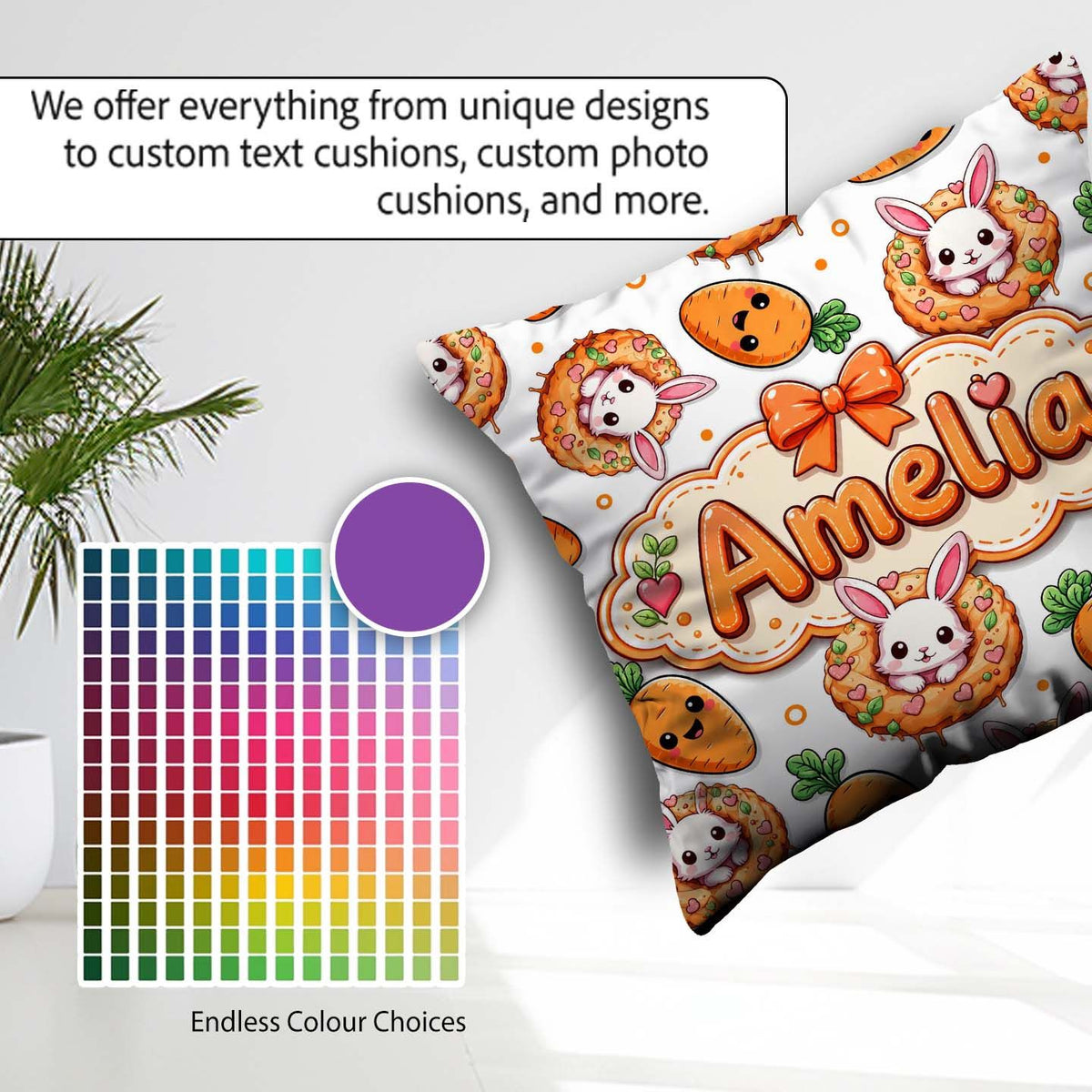 Custom Name Cute Bunny Donut Carrot Kawaii Easter Dessert Grey Square Filled Cushion Throw Pillow Sofa Bed Home Decor Zip Washable UK Made