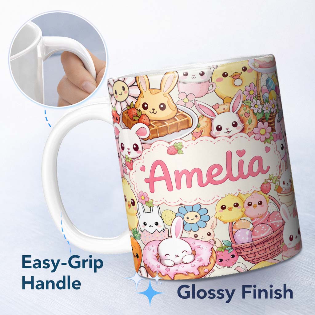 Personalized Custom Name Easter Bunny Donut Basket Kawaii Pastel Cream Background Seamless 11oz Ceramic Coffee Tea Mug White Large Handle