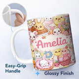 Personalized Custom Name Easter Bunny Donut Basket Kawaii Pastel Cream Background Seamless 11oz Ceramic Coffee Tea Mug White Large Handle