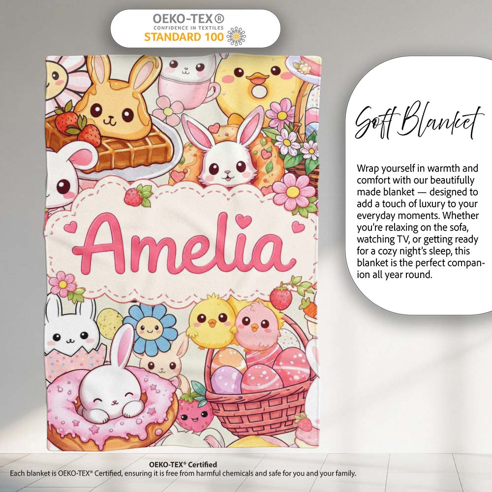 Easter Bunny Donut Basket Kawaii Pastel Cream Background Seamless  Personalised Custom Name Super Soft Fleece Blanket Bed Sofa Throw