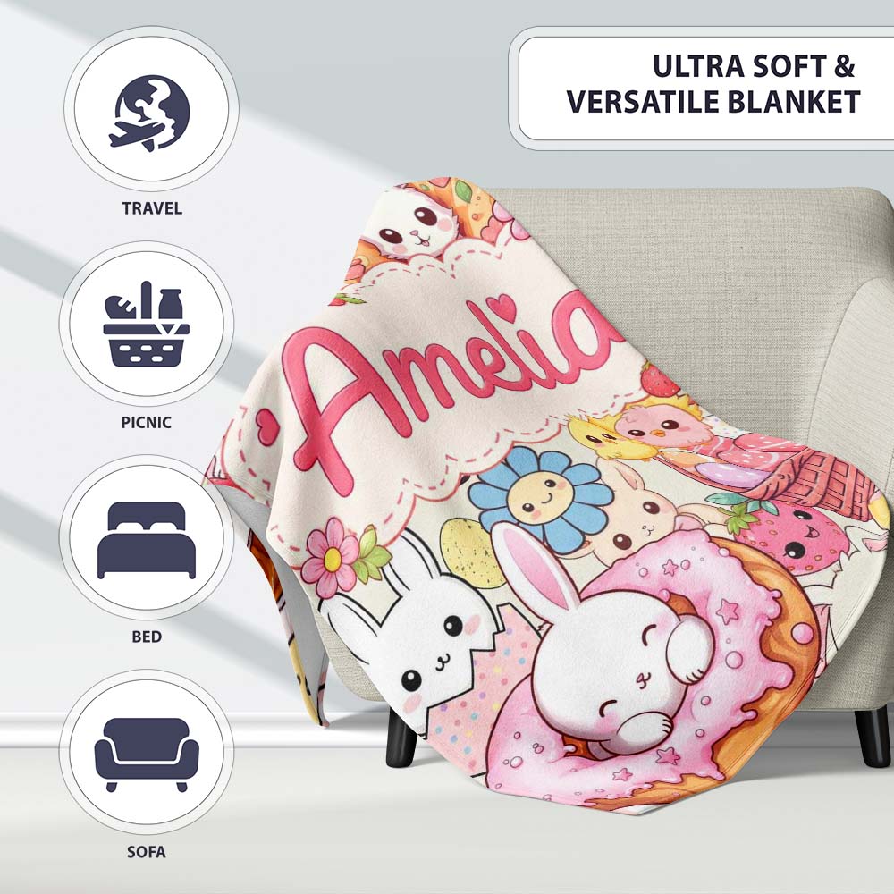Easter Bunny Donut Basket Kawaii Pastel Cream Background Seamless  Personalised Custom Name Super Soft Fleece Blanket Bed Sofa Throw