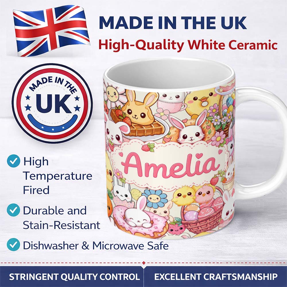 Personalized Custom Name Easter Bunny Donut Basket Kawaii Pastel Cream Background Seamless 11oz Ceramic Coffee Tea Mug White Large Handle