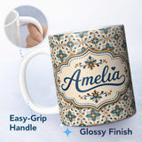 Personalized Custom Name Vintage Blue and Terracotta Ornamental Tile Pattern on Cream Lovely 11oz Ceramic Coffee Tea Mug White Large Handle
