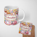 Personalized Custom Name Cute Easter Bunny Chick Donut Basket Kawaii Blue Background 11oz Ceramic Coffee Tea Mug White Large Handle