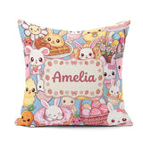 Custom Name Cute Easter Bunny Chick Donut Basket Blue Background Square Filled Cushion Throw Pillow Sofa Bed Home Decor Zip Washable UK Made
