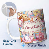 Personalized Custom Name Cute Easter Bunny Chick Donut Basket Kawaii Blue Background 11oz Ceramic Coffee Tea Mug White Large Handle