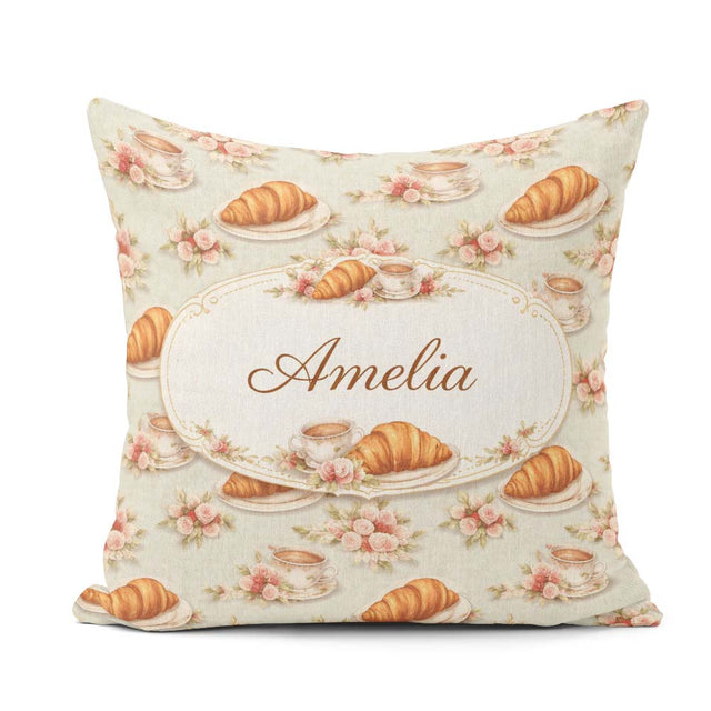 Custom Name Croissant Strawberry Dessert Seamless Pattern Bakery Square Filled Cushion Throw Pillow Sofa Bed Home Decor Zip Washable UK Made
