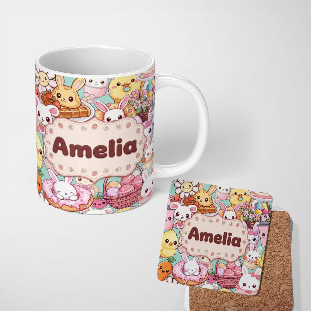 Personalized Custom Name Cute Easter Bunny Chick Donut Basket Kawaii Mint Background 11oz Ceramic Coffee Tea Mug White Large Handle
