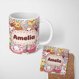 Personalized Custom Name Cute Easter Bunny Chick Donut Basket Kawaii Mint Background 11oz Ceramic Coffee Tea Mug White Large Handle