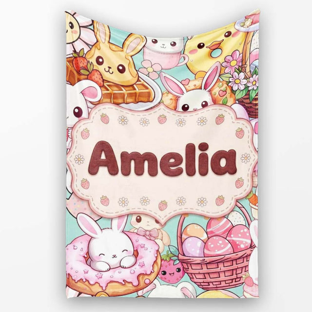 Cute Easter Bunny Chick Donut Basket Kawaii Mint Background  Personalised Custom Name Super Soft Fleece Blanket Bed Sofa Throw