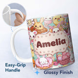 Personalized Custom Name Cute Easter Bunny Chick Donut Basket Kawaii Mint Background 11oz Ceramic Coffee Tea Mug White Large Handle