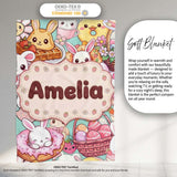 Cute Easter Bunny Chick Donut Basket Kawaii Mint Background  Personalised Custom Name Super Soft Fleece Blanket Bed Sofa Throw