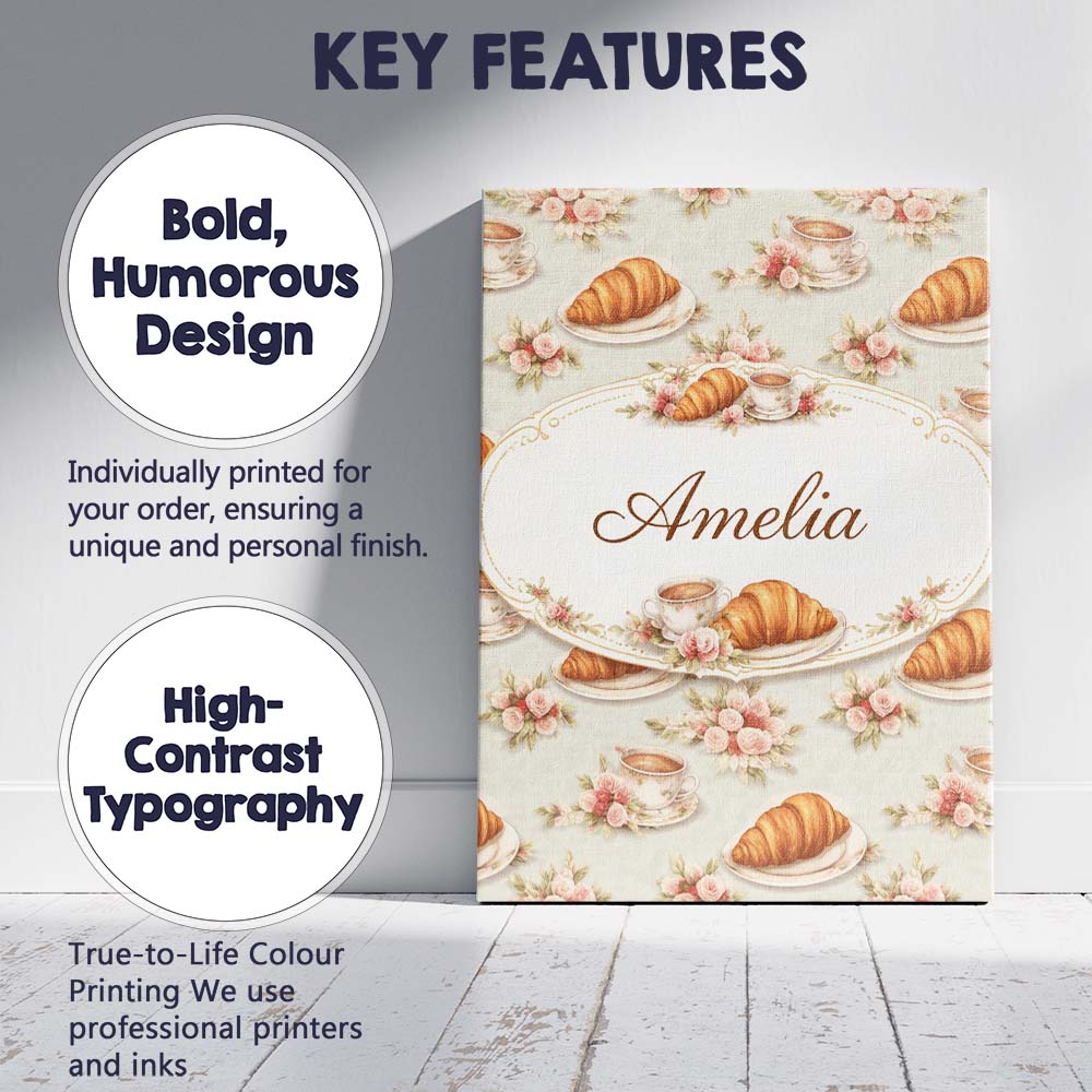 Personalised Name Croissant Coffee Strawberry Dessert Seamless Custom Modern Room Accent Canvas Wall Art Print Decor Picture Ready to Hang