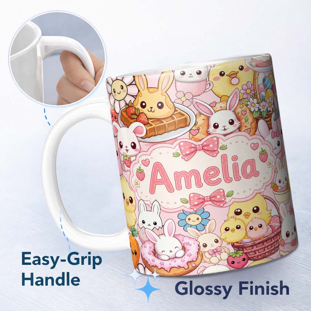 Personalized Custom Name Cute Easter Bunny Chick Donut Basket Kawaii Pink Background 11oz Ceramic Coffee Tea Mug White Large Handle