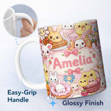 Personalized Custom Name Cute Easter Bunny Chick Donut Basket Kawaii Pink Background 11oz Ceramic Coffee Tea Mug White Large Handle