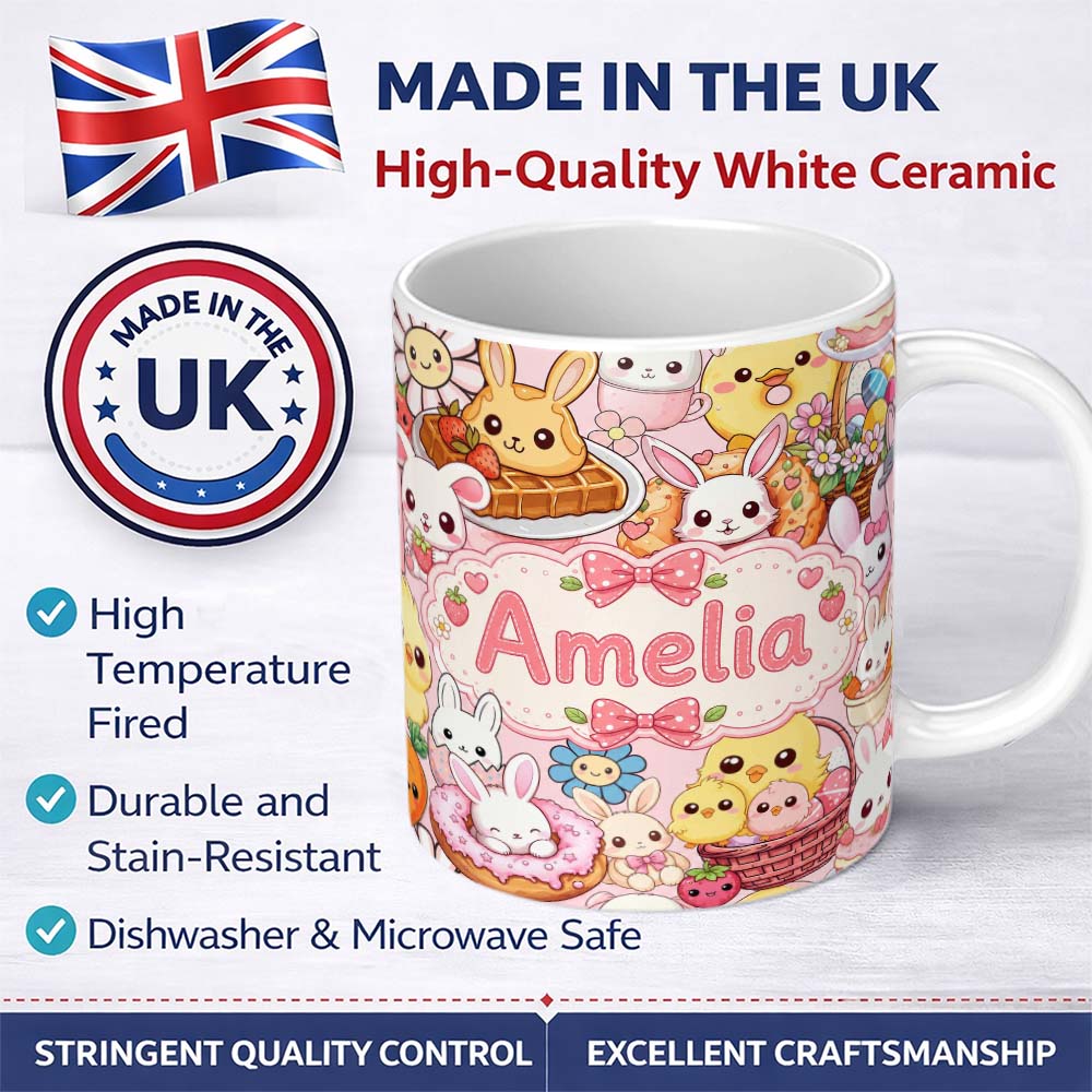 Personalized Custom Name Cute Easter Bunny Chick Donut Basket Kawaii Pink Background 11oz Ceramic Coffee Tea Mug White Large Handle