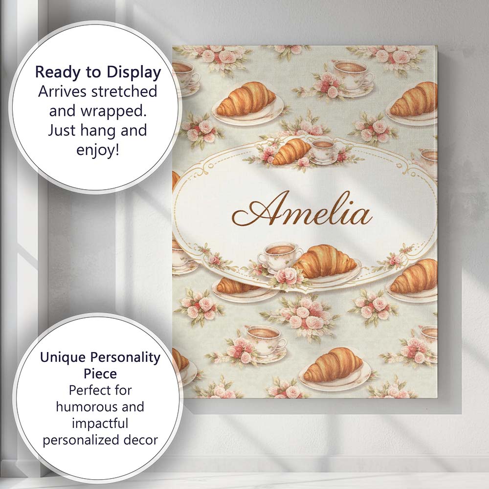 Personalised Name Croissant Coffee Strawberry Dessert Seamless Custom Modern Room Accent Canvas Wall Art Print Decor Picture Ready to Hang