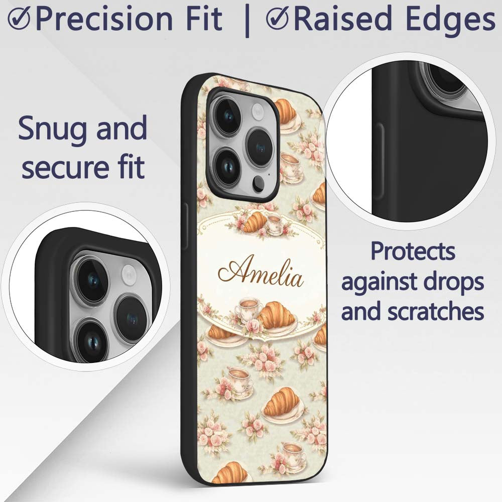 Croissant Coffee Strawberry Dessert Seamless Custom Name Protective Phone Case Mobile Cover Durable Everyday Smartphone Shock Resistant