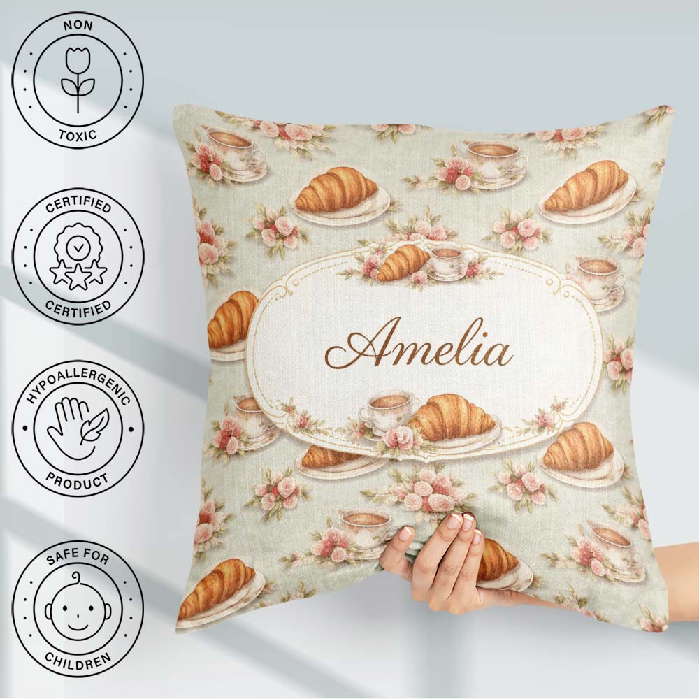 Custom Name Croissant Strawberry Dessert Seamless Pattern Bakery Square Filled Cushion Throw Pillow Sofa Bed Home Decor Zip Washable UK Made
