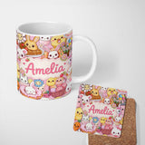 Personalized Custom Name Cute Easter Bunny Chick Donut Basket Pink Background Seamless 11oz Ceramic Coffee Tea Mug White Large Handle