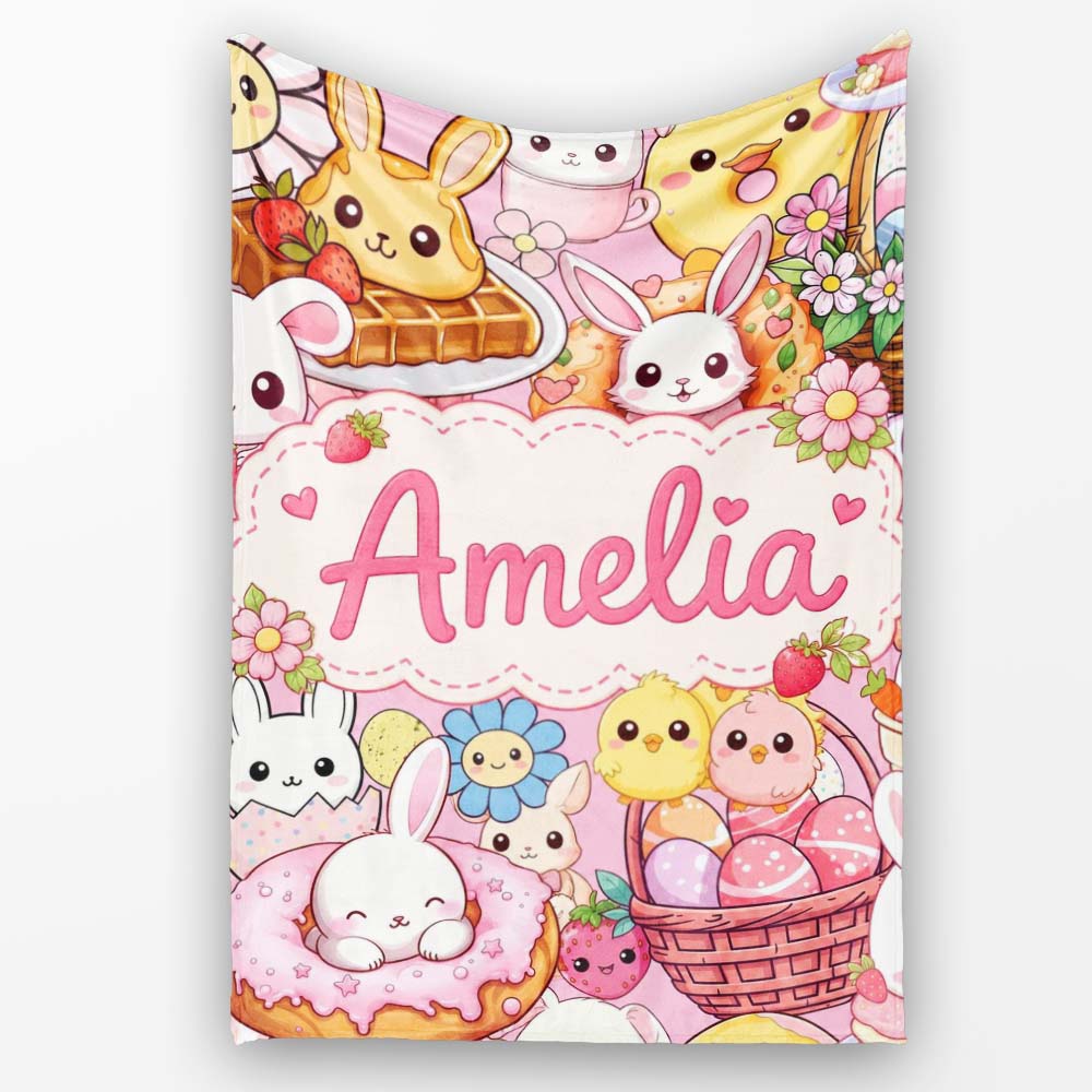 Cute Easter Bunny Chick Donut Basket Pink Background Seamless  Personalised Custom Name Super Soft Fleece Blanket Bed Sofa Throw