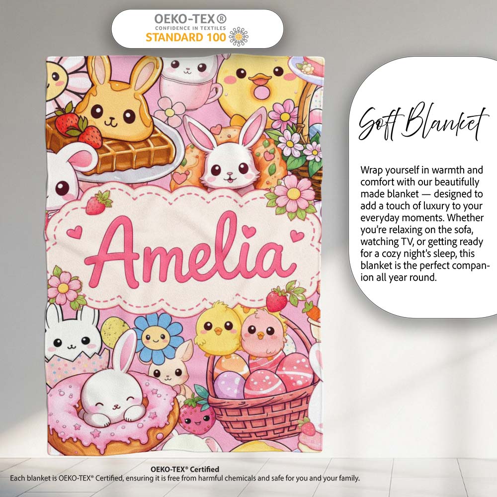 Cute Easter Bunny Chick Donut Basket Pink Background Seamless  Personalised Custom Name Super Soft Fleece Blanket Bed Sofa Throw