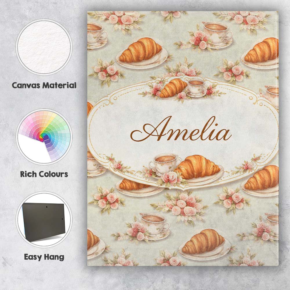 Personalised Name Croissant Coffee Strawberry Dessert Seamless Custom Modern Room Accent Canvas Wall Art Print Decor Picture Ready to Hang