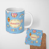 Personalized Custom Name Easter Chick Bunny Carrot Rainbow Fence Kawai Blue Background 11oz Ceramic Coffee Tea Mug White Large Handle