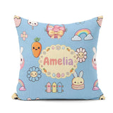 Custom Name Easter Chick Bunny Carrot Rainbow Fence Kawai Blue Square Filled Cushion Throw Pillow Sofa Bed Home Decor Zip Washable UK Made