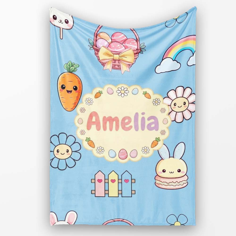 Easter Chick Bunny Carrot Rainbow Fence Kawai Blue Background  Personalised Custom Name Super Soft Fleece Blanket Bed Sofa Throw
