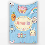 Easter Chick Bunny Carrot Rainbow Fence Kawai Blue Background  Personalised Custom Name Super Soft Fleece Blanket Bed Sofa Throw