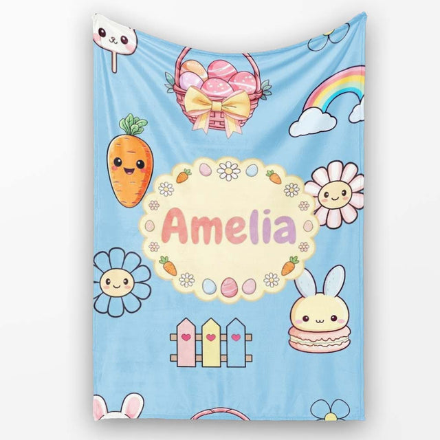 Easter Chick Bunny Carrot Rainbow Fence Kawai Blue Background  Personalised Custom Name Super Soft Fleece Blanket Bed Sofa Throw