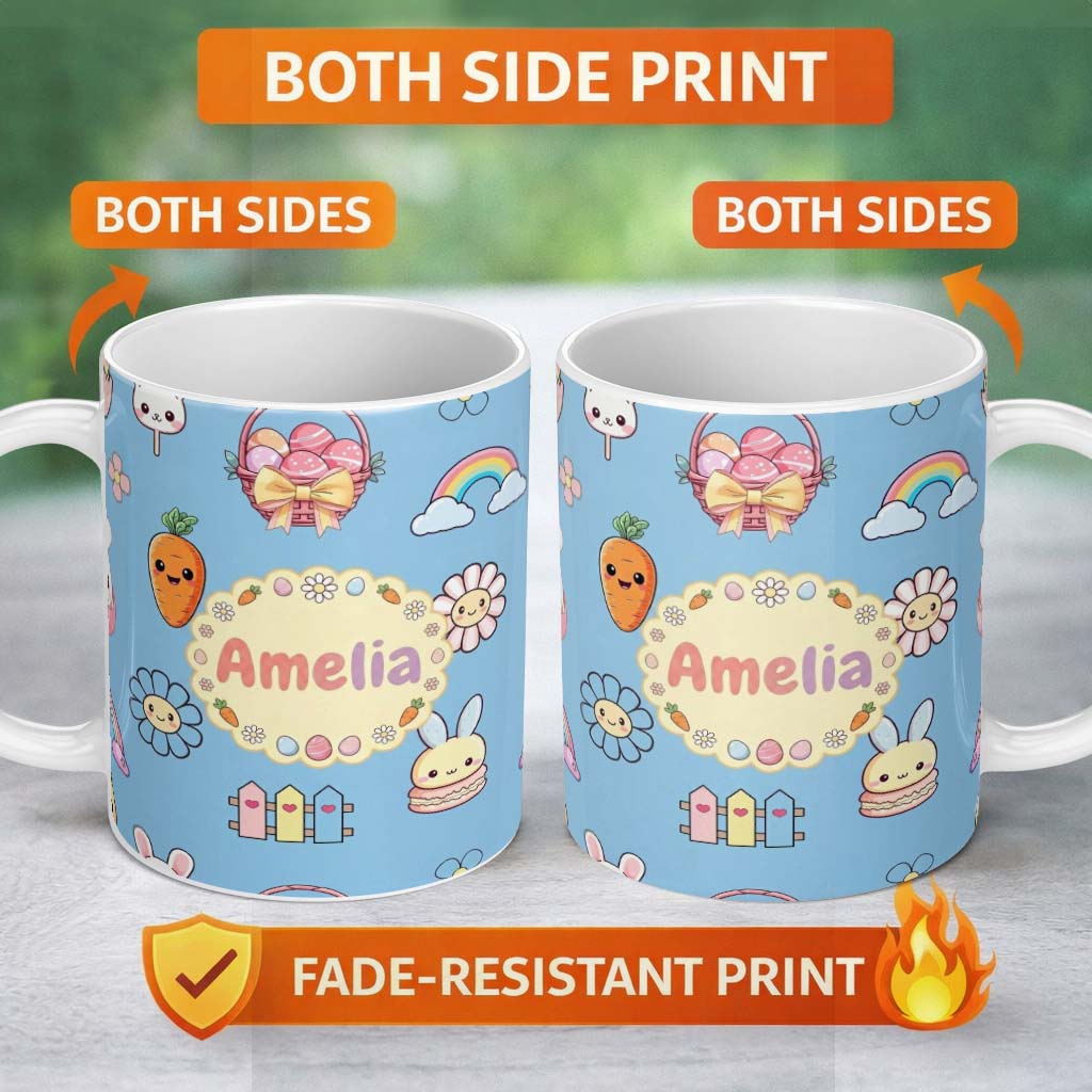 Personalized Custom Name Easter Chick Bunny Carrot Rainbow Fence Kawai Blue Background 11oz Ceramic Coffee Tea Mug White Large Handle