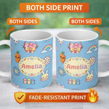 Personalized Custom Name Easter Chick Bunny Carrot Rainbow Fence Kawai Blue Background 11oz Ceramic Coffee Tea Mug White Large Handle