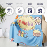 Easter Chick Bunny Carrot Rainbow Fence Kawai Blue Background  Personalised Custom Name Super Soft Fleece Blanket Bed Sofa Throw