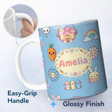Personalized Custom Name Easter Chick Bunny Carrot Rainbow Fence Kawai Blue Background 11oz Ceramic Coffee Tea Mug White Large Handle