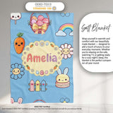 Easter Chick Bunny Carrot Rainbow Fence Kawai Blue Background  Personalised Custom Name Super Soft Fleece Blanket Bed Sofa Throw