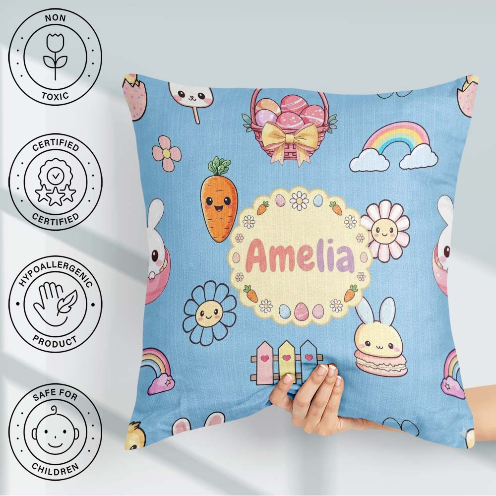 Custom Name Easter Chick Bunny Carrot Rainbow Fence Kawai Blue Square Filled Cushion Throw Pillow Sofa Bed Home Decor Zip Washable UK Made