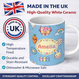 Personalized Custom Name Easter Chick Bunny Carrot Rainbow Fence Kawai Blue Background 11oz Ceramic Coffee Tea Mug White Large Handle