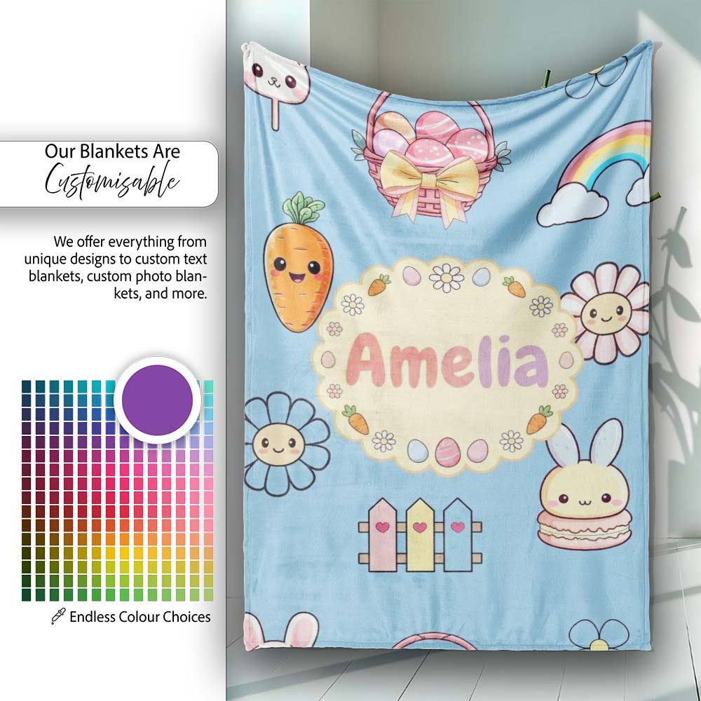 Easter Chick Bunny Carrot Rainbow Fence Kawai Blue Background  Personalised Custom Name Super Soft Fleece Blanket Bed Sofa Throw
